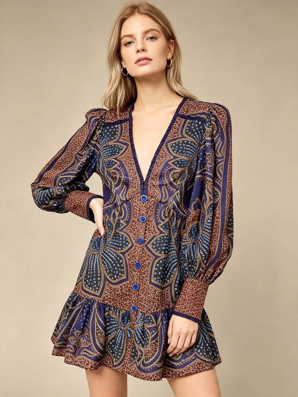 NWOT FARM Rio Floral Paisley Ruffles Mini Dress Glam Boho Long Sleeve Size S